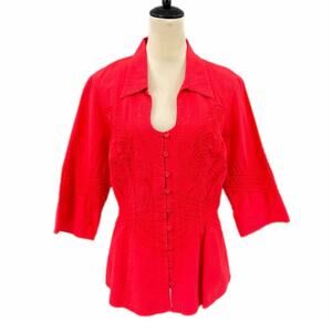 Gretty Zueger NWT Coral Red Embroidered Button Up Cotton U Collared Boho Top